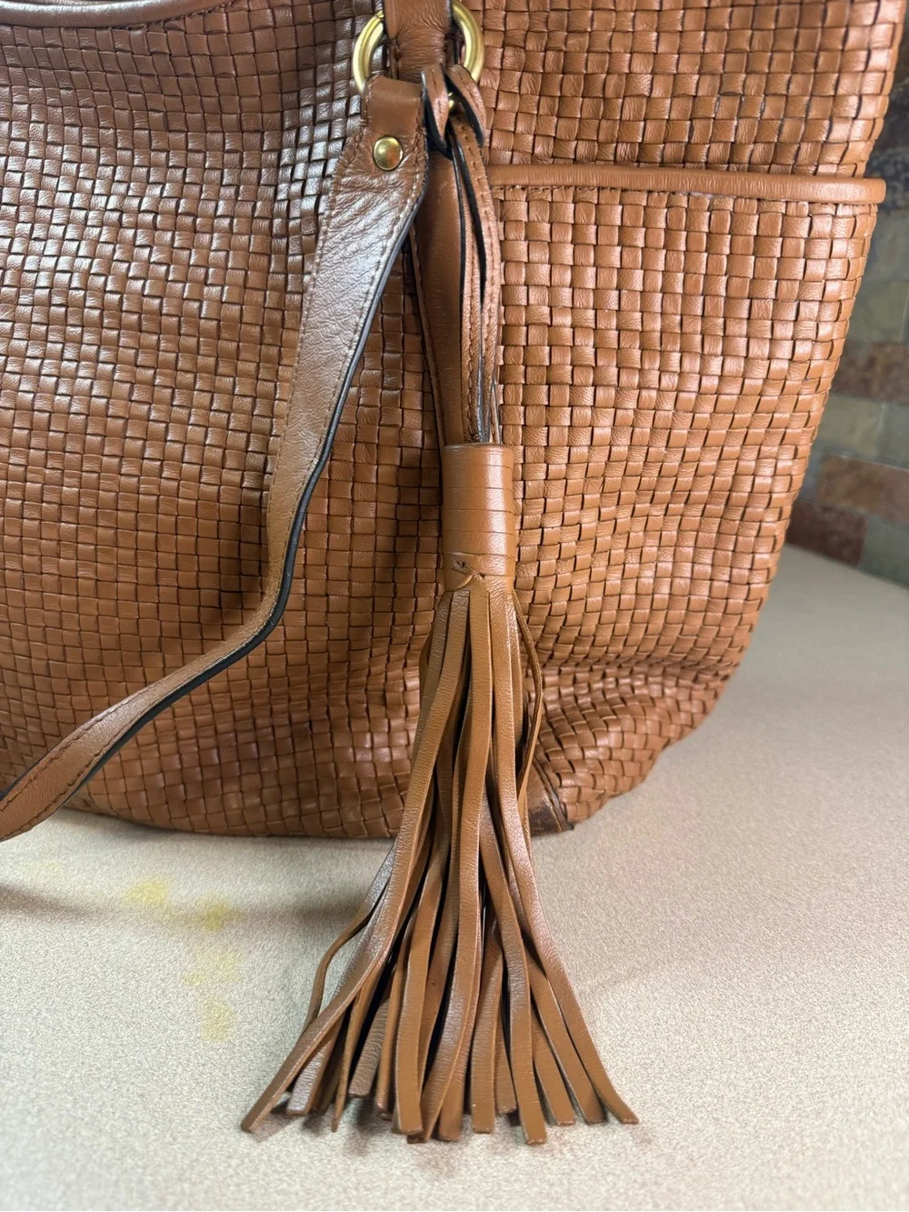 Brown Woven Leather Cole Haan Large Tote Bag